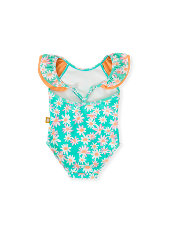 The Goldie + Ace Daisy Patch Frill Neck Swimsuit in Moss pictured on a transparent background. The material is . It is a swimwear made for babies, toddlers and kids.
