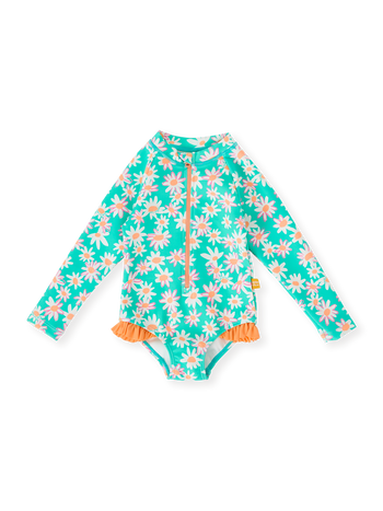 The Goldie + Ace Daisy Patch Long Sleeve Frill Swimsuit in Moss pictured on a transparent background. The material is . It is a swimwear made for babies, toddlers and kids.