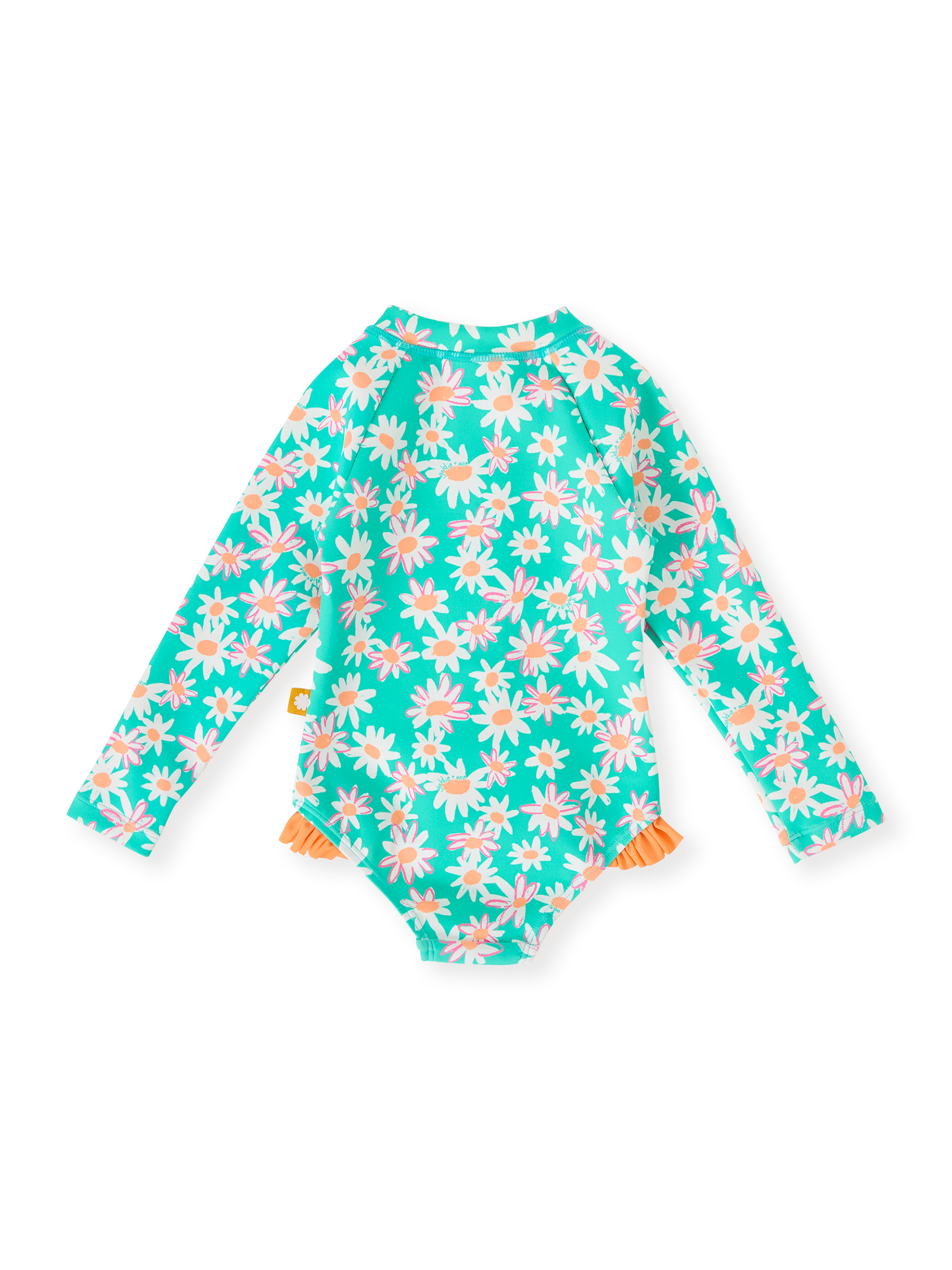 The Goldie + Ace Daisy Patch Long Sleeve Frill Swimsuit in Moss pictured on a transparent background. The material is . It is a swimwear made for babies, toddlers and kids.
