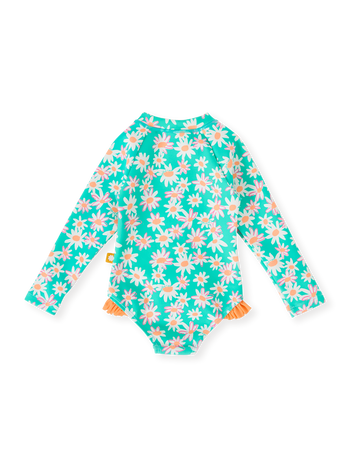 The Goldie + Ace Daisy Patch Long Sleeve Frill Swimsuit in Moss pictured on a transparent background. The material is . It is a swimwear made for babies, toddlers and kids.
