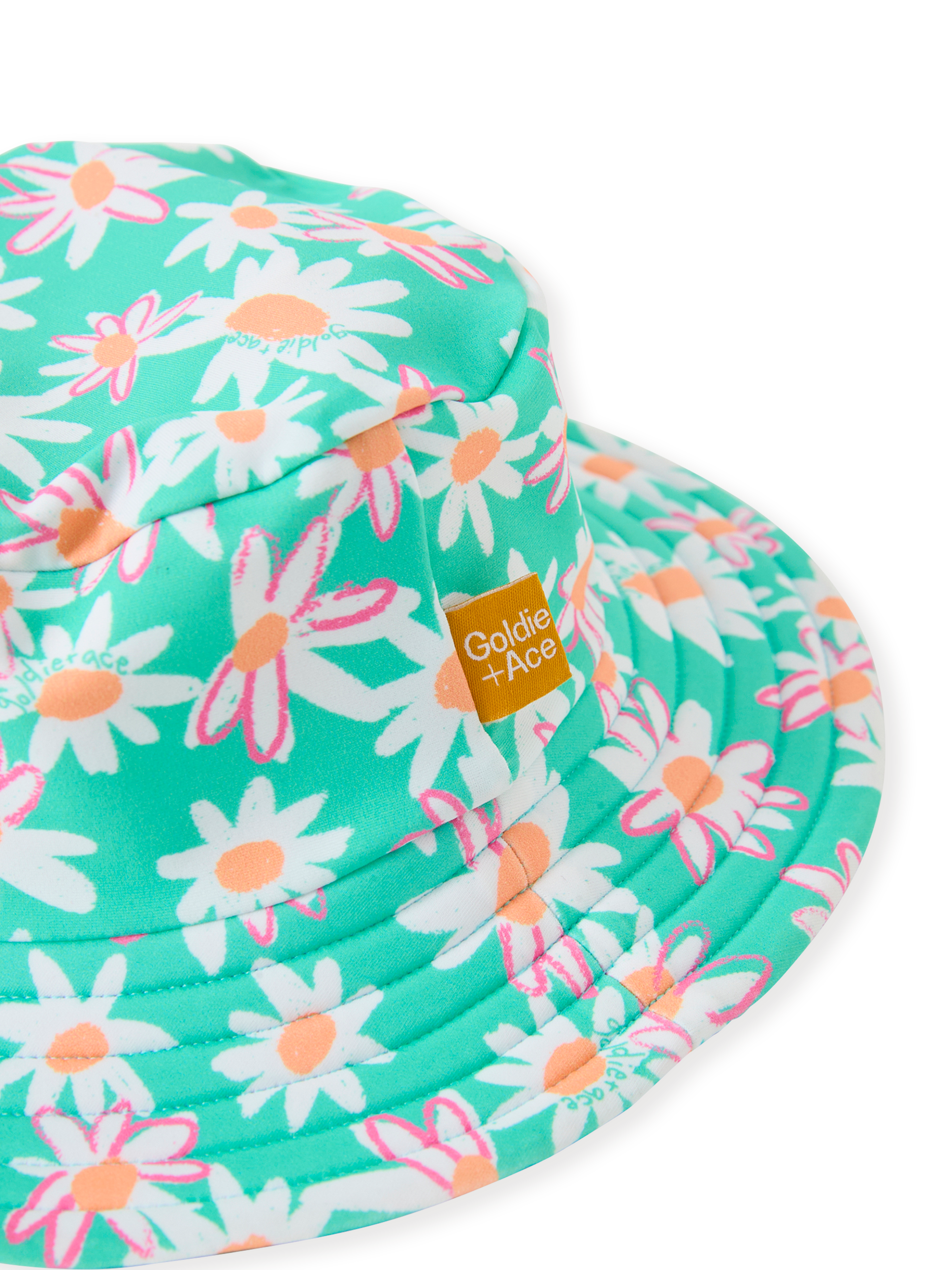 The Goldie + Ace Daisy Patch Swim Bucket Hat in Moss pictured on a transparent background. The material is . It is a swimwear made for babies, toddlers and kids.