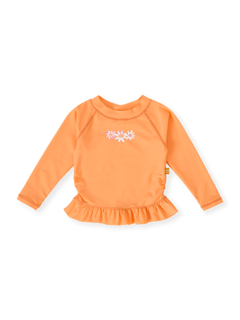 The Goldie + Ace Daisy Chain Frill Rashguard in Orange pictured on a transparent background. The material is . It is a swimwear made for babies, toddlers and kids.