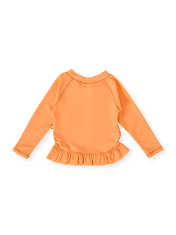 The Goldie + Ace Daisy Chain Frill Rashguard in Orange pictured on a transparent background. The material is . It is a swimwear made for babies, toddlers and kids.