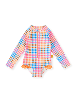 Rainbow Gingham Long Sleeve Frill Swimsuit