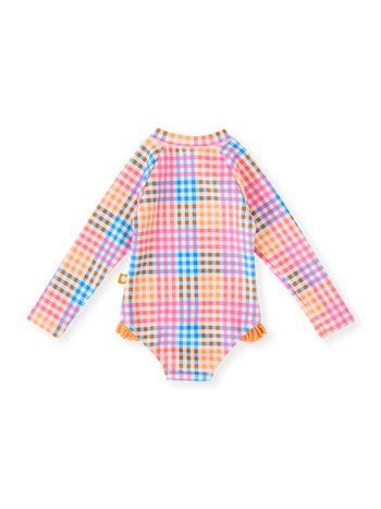 Rainbow Gingham Long Sleeve Frill Swimsuit