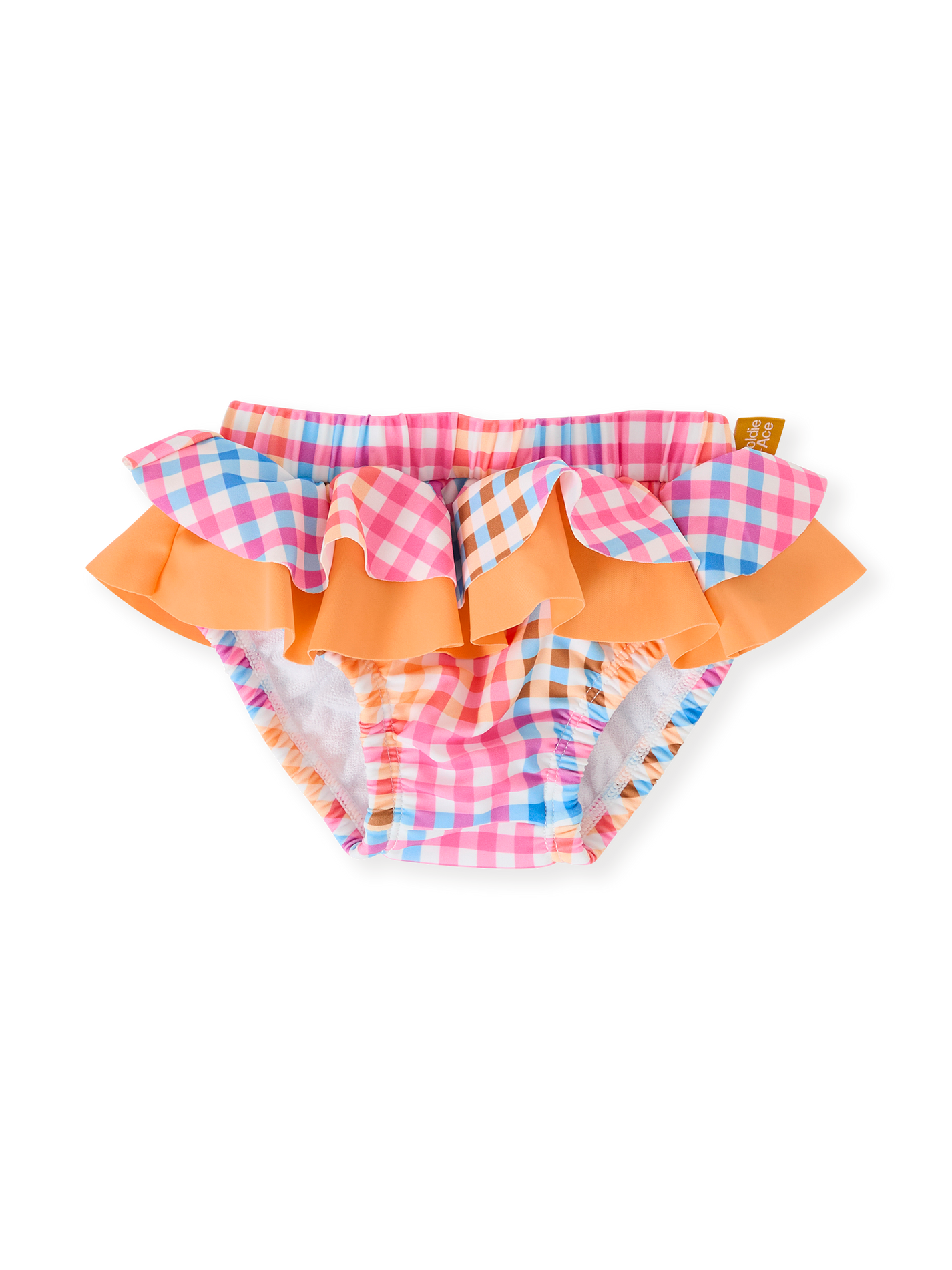 The Goldie + Ace Rainbow Gingham Frill Waist Swim Nappy in Multi pictured on a transparent background. The material is . It is a swimwear made for babies, toddlers and kids.