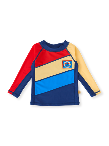The Goldie + Ace Nautical Flag Rashguard in Blue/Yellow/Red pictured on a transparent background. The material is . It is a swimwear made for babies, toddlers and kids.