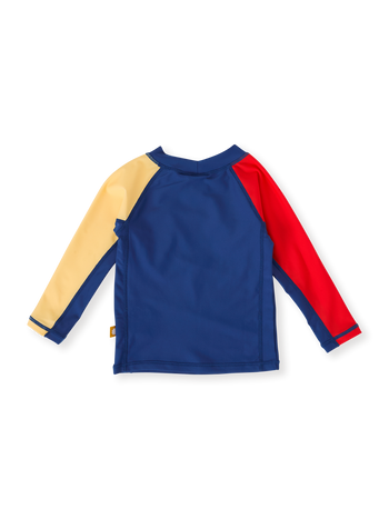 The Goldie + Ace Nautical Flag Rashguard in Blue/Yellow/Red pictured on a transparent background. The material is . It is a swimwear made for babies, toddlers and kids.