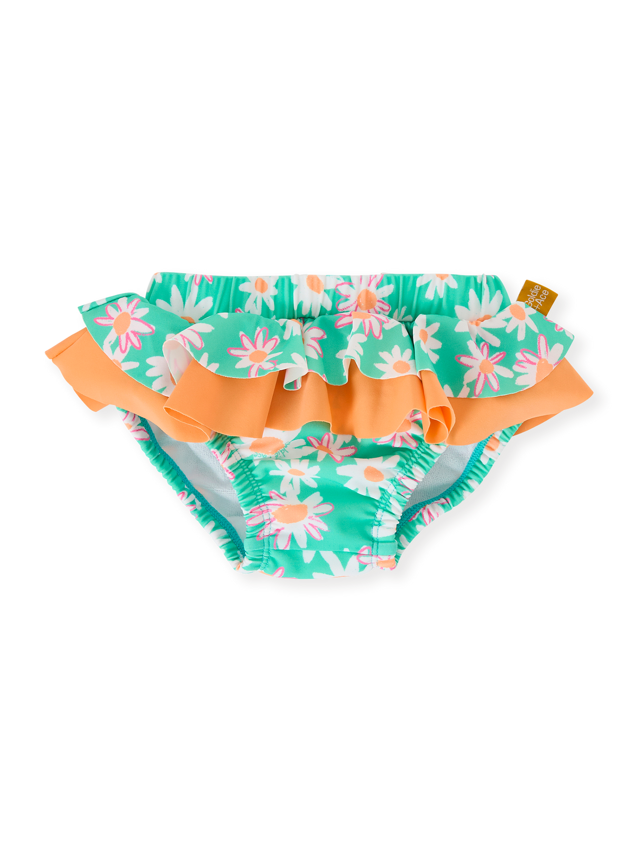 The Goldie + Ace Daisy Patch Frill Waist Swim Nappy in Moss pictured on a transparent background. The material is . It is a swimwear made for babies, toddlers and kids.