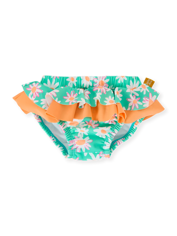 The Goldie + Ace Daisy Patch Frill Waist Swim Nappy in Moss pictured on a transparent background. The material is . It is a swimwear made for babies, toddlers and kids.