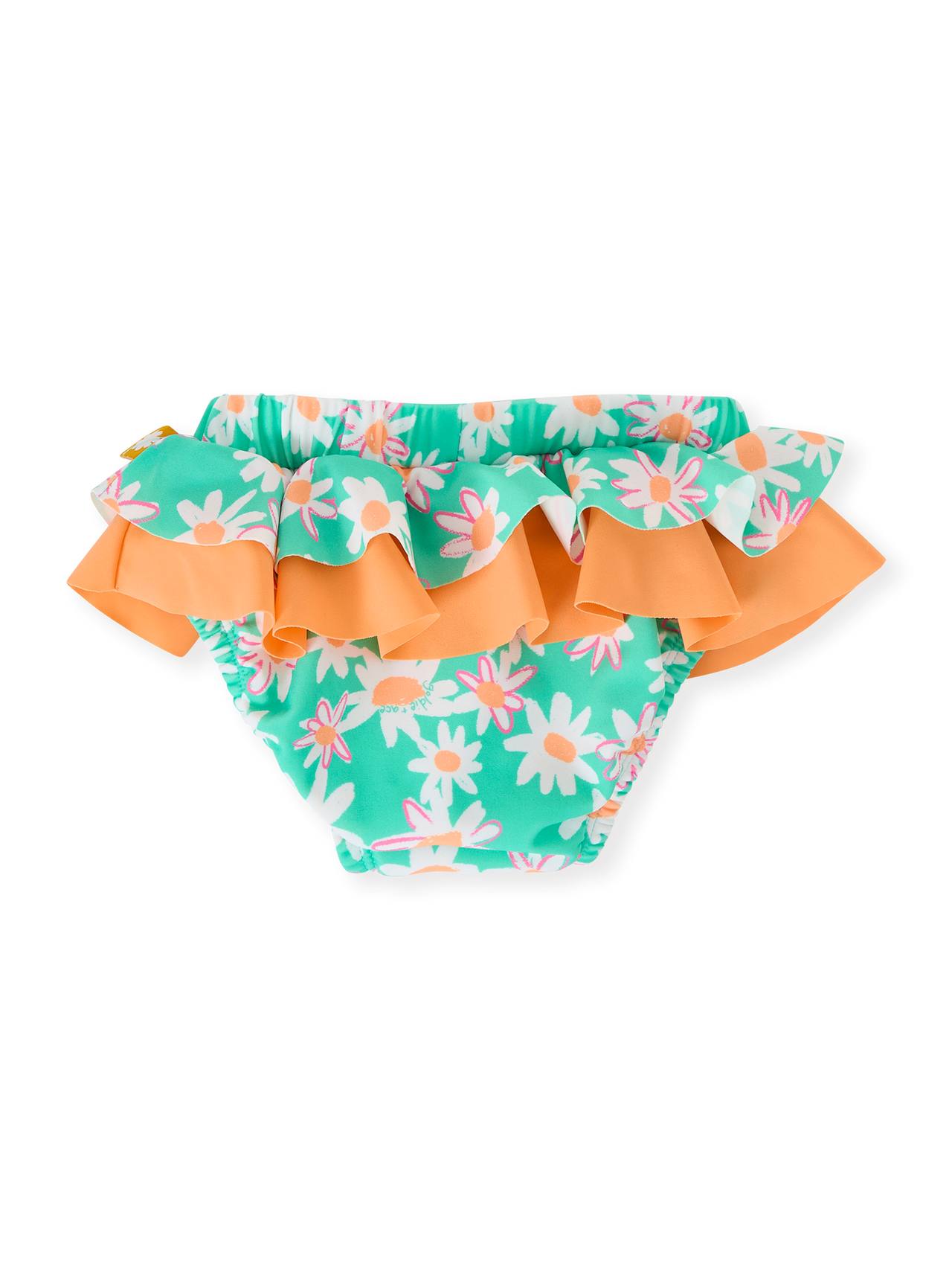 The Goldie + Ace Daisy Patch Frill Waist Swim Nappy in Moss pictured on a transparent background. The material is . It is a swimwear made for babies, toddlers and kids.