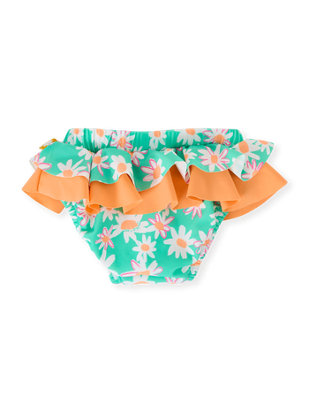 The Goldie + Ace Daisy Patch Frill Waist Swim Nappy in Moss pictured on a transparent background. The material is . It is a swimwear made for babies, toddlers and kids.