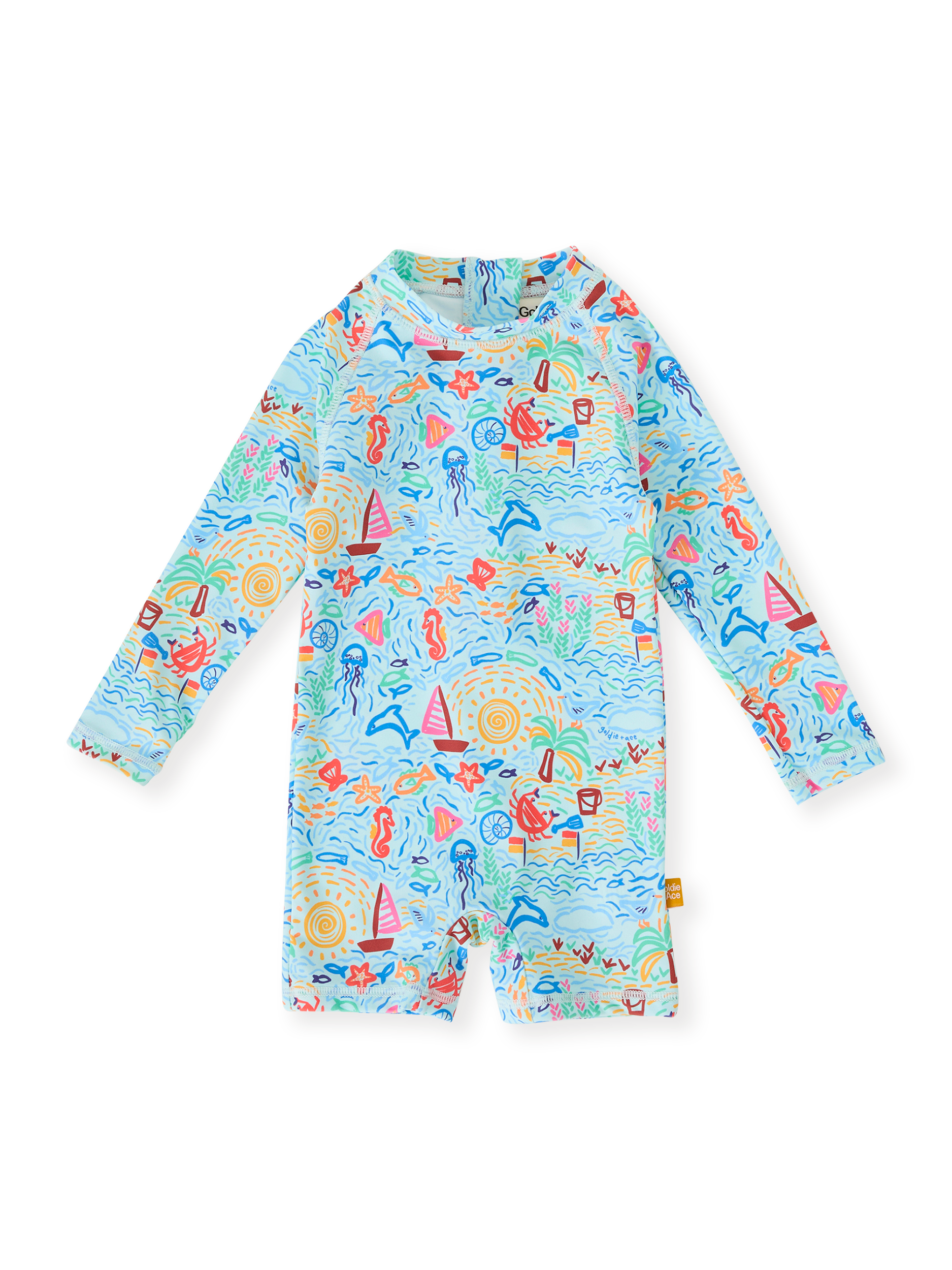 The Goldie + Ace Summer Bay Short Leg Swimsuit in Multi pictured on a transparent background. The material is . It is a swimwear made for babies, toddlers and kids.