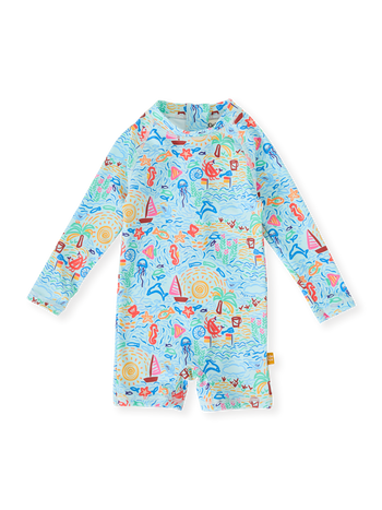 The Goldie + Ace Summer Bay Short Leg Swimsuit in Multi pictured on a transparent background. The material is . It is a swimwear made for babies, toddlers and kids.