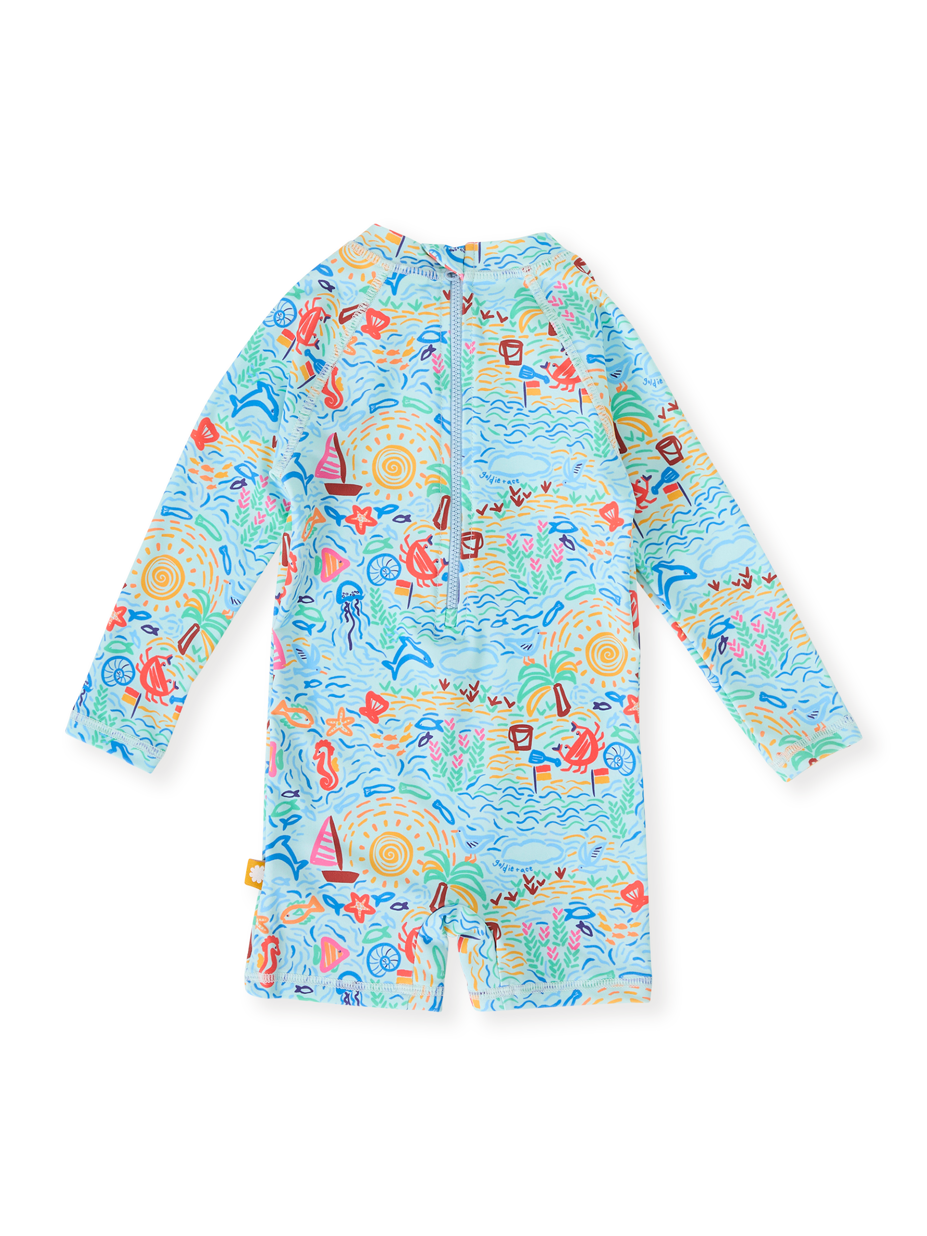 The Goldie + Ace Summer Bay Short Leg Swimsuit in Multi pictured on a transparent background. The material is . It is a swimwear made for babies, toddlers and kids.