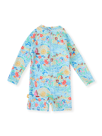 The Goldie + Ace Summer Bay Short Leg Swimsuit in Multi pictured on a transparent background. The material is . It is a swimwear made for babies, toddlers and kids.
