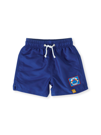 The Goldie + Ace Nautical Flag Board Shorts in Navy pictured on a transparent background. The material is . It is a swimwear made for babies, toddlers and kids.