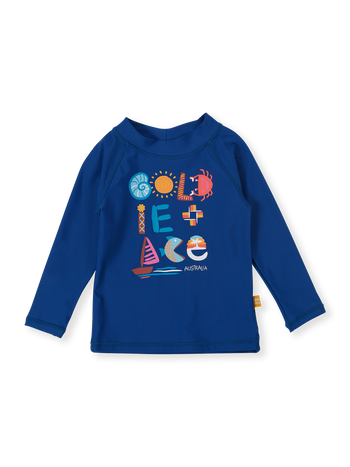 The Goldie + Ace G'Day From The Bay Rashguard in Navy pictured on a transparent background. The material is . It is a swimwear made for babies, toddlers and kids.