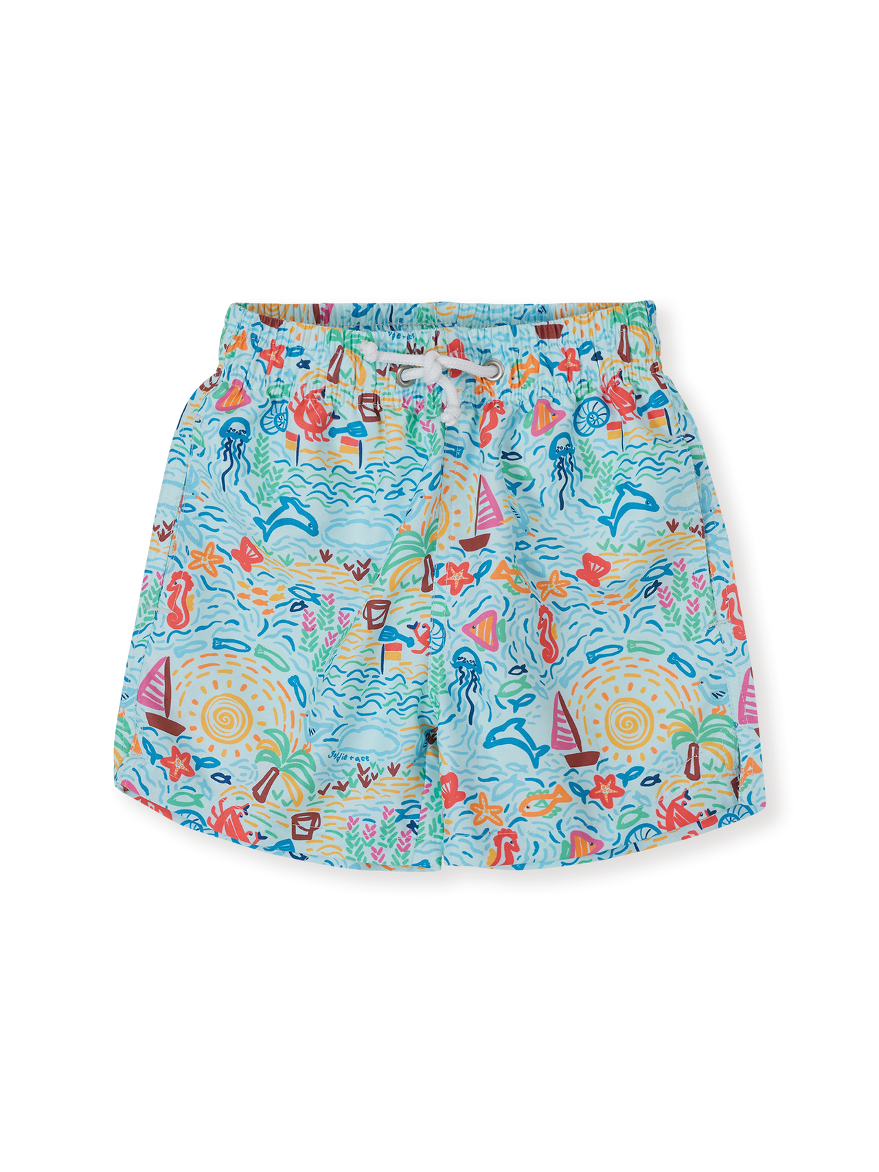 The Goldie + Ace Summer Bay Board Shorts in Multi pictured on a transparent background. The material is . It is a swimwear made for babies, toddlers and kids.