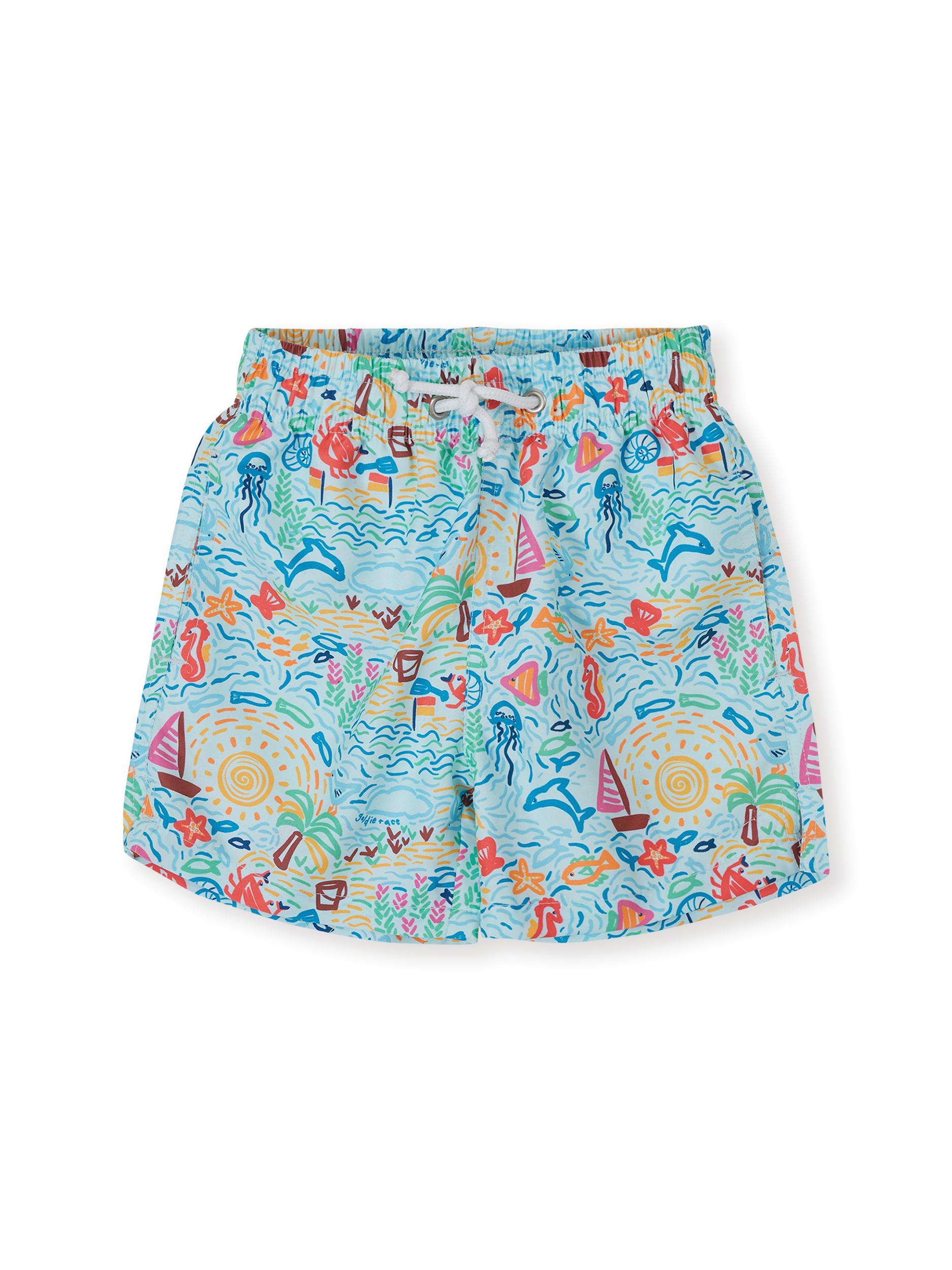 The Goldie + Ace Summer Bay Board Shorts in Multi pictured on a transparent background. The material is . It is a swimwear made for babies, toddlers and kids.