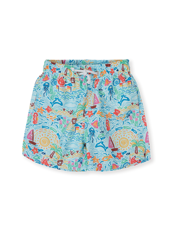 The Goldie + Ace Summer Bay Board Shorts in Multi pictured on a transparent background. The material is . It is a swimwear made for babies, toddlers and kids.