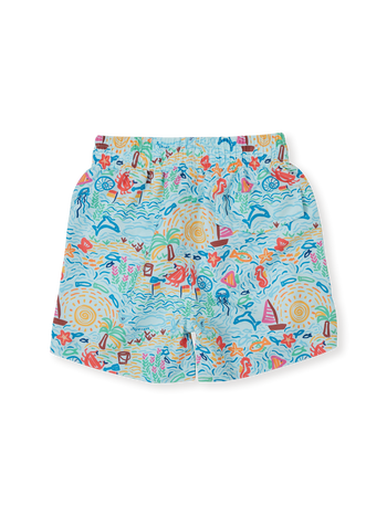 The Goldie + Ace Summer Bay Board Shorts in Multi pictured on a transparent background. The material is . It is a swimwear made for babies, toddlers and kids.