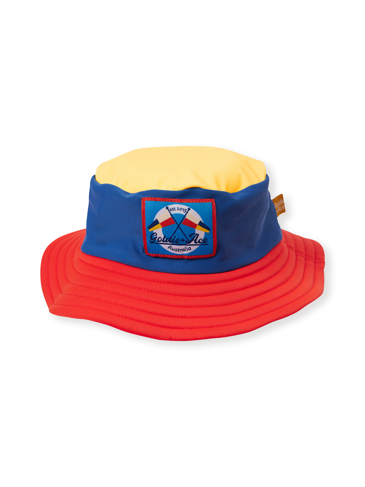 The Goldie + Ace Nautical Flag Swim Bucket Hat in Navy/Red pictured on a transparent background. The material is . It is a swimwear made for babies, toddlers and kids.