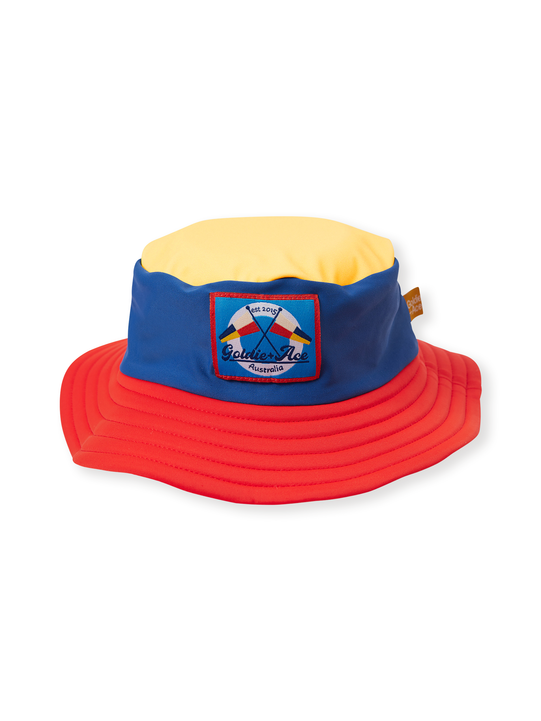 The Goldie + Ace Nautical Flag Swim Bucket Hat in Navy/Red pictured on a transparent background. The material is . It is a swimwear made for babies, toddlers and kids.