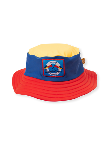 The Goldie + Ace Nautical Flag Swim Bucket Hat in Navy/Red pictured on a transparent background. The material is . It is a swimwear made for babies, toddlers and kids.
