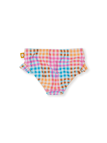 The Goldie + Ace Rainbow Gingham Frill Waist Bikini Bottom in Multi pictured on a transparent background. The material is . It is a swimwear made for babies, toddlers and kids.