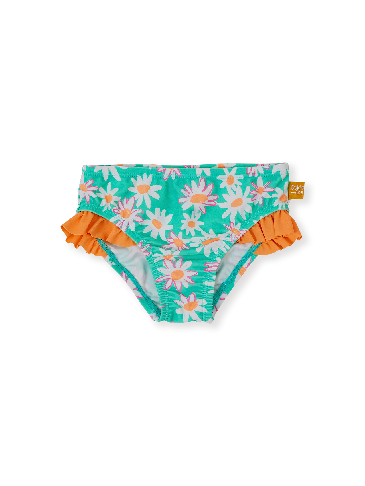 The Goldie + Ace Daisy Patch Frill Waist Bikini Bottom in Moss pictured on a transparent background. The material is . It is a swimwear made for babies, toddlers and kids.