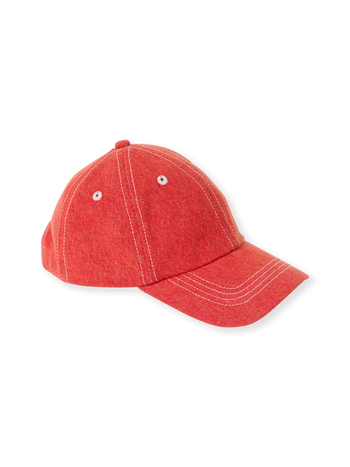 The Goldie + Ace Tate Embroidered Denim Cap in Apple Red pictured on a transparent background. The material is 100% cotton. It is a accessory made for babies, toddlers and kids.