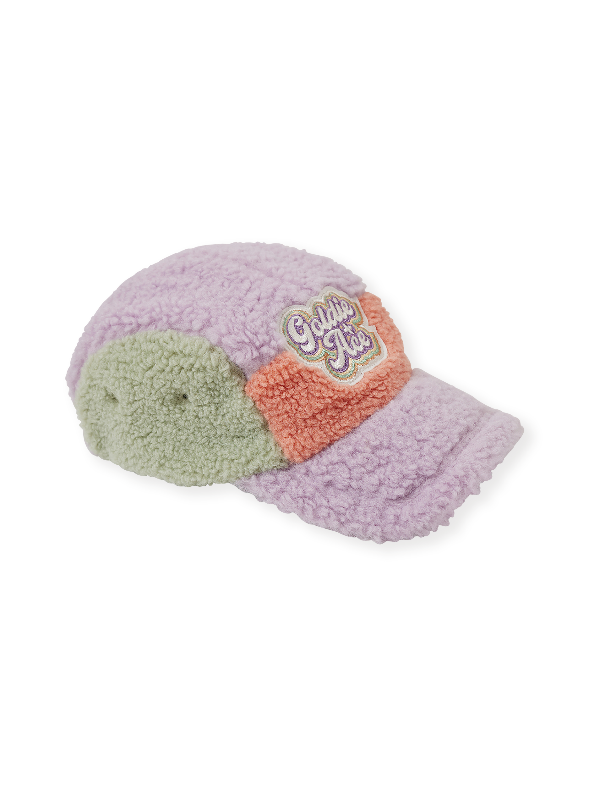 The Goldie + Ace Blair Sherpa Cap in Lilac/Peach/Mint pictured on a transparent background. The material is poly with cotton lining. It is a accessory made for babies, toddlers and kids.