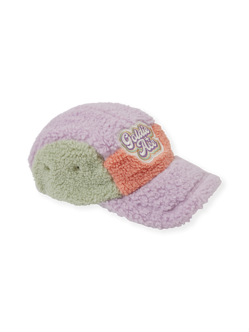 The Goldie + Ace Blair Sherpa Cap in Lilac/Peach/Mint pictured on a transparent background. The material is poly with cotton lining. It is a accessory made for babies, toddlers and kids.