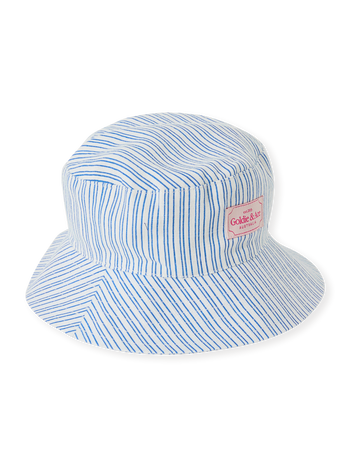 The Goldie + Ace Sailor Stripe Bucket Hat in Ocean/Ivory pictured on a transparent background. The material is soft and breathable rayon-linen blend. It is a accessory made for babies, toddlers and kids.