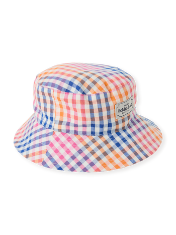 The Goldie + Ace Rainbow Gingham Bucket Hat in Multi pictured on a transparent background. The material is cotton with cotton lining. It is a accessory made for babies, toddlers and kids.