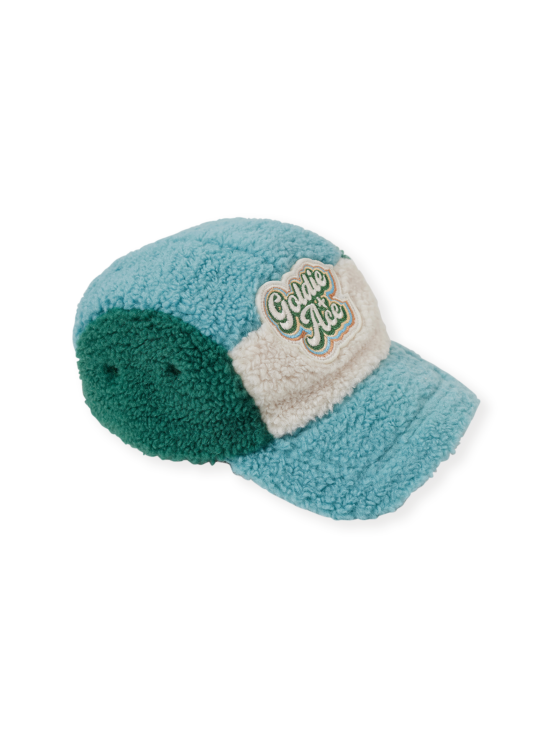 The Goldie + Ace Blair Sherpa Cap in Teal/Cream/Dark Jade pictured on a transparent background. The material is poly with cotton lining. It is a accessory made for babies, toddlers and kids.