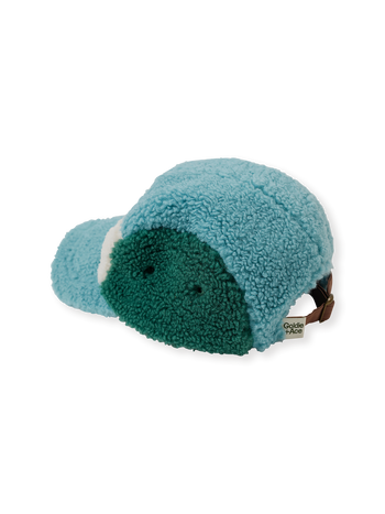 The Goldie + Ace Blair Sherpa Cap in Teal/Cream/Dark Jade pictured on a transparent background. The material is poly with cotton lining. It is a accessory made for babies, toddlers and kids.