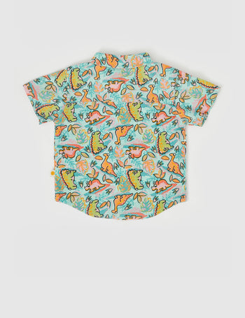 Holiday Linen Shirt Dino Jungle Sea Foam