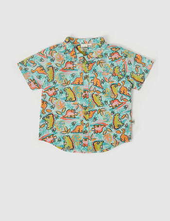 Holiday Linen Shirt Dino Jungle Sea Foam