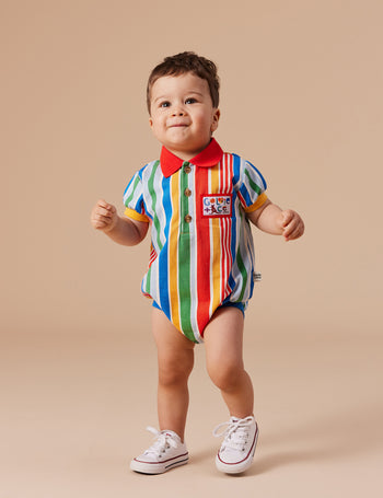 Land Down Under Stripe Polo Romper Primary