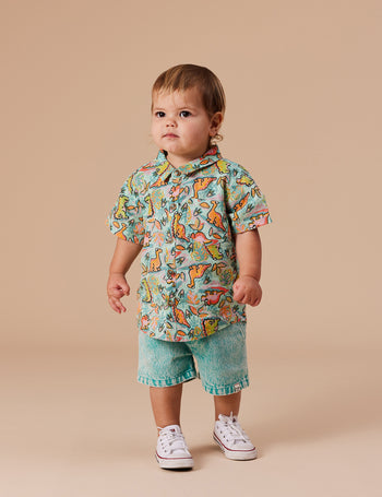 Holiday Linen Shirt Dino Jungle Sea Foam