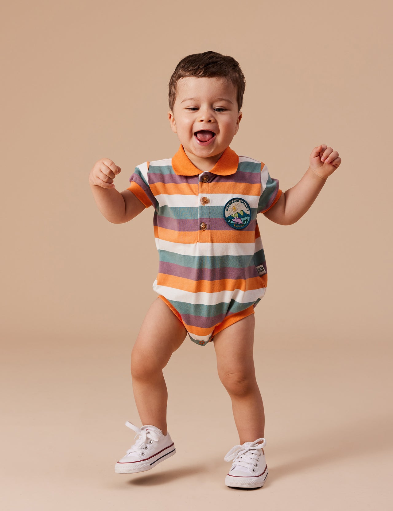 Dino Valley Nostalgia Stripe Polo Romper Golden Multi