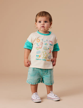 Dinosaur Valley Puff Print T-Shirt Vanilla/Turquoise