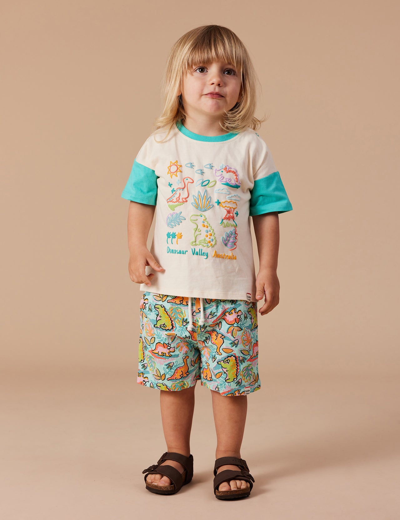 Dinosaur Valley Puff Print T-Shirt Vanilla/Turquoise