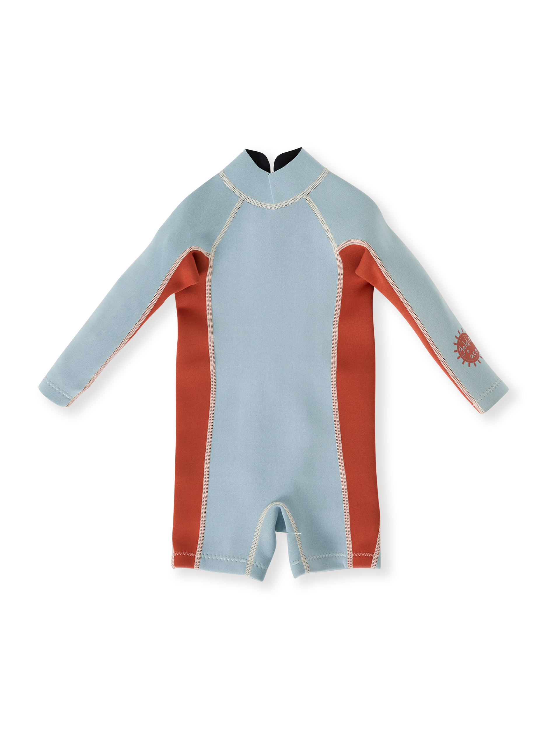 The Goldie + Ace Halo Wetsuit Long Sleeve in Sky Blue/Red pictured on a transparent background. The material is . It is a swimwear made for babies, toddlers and kids.