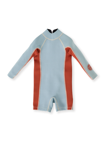 The Goldie + Ace Halo Wetsuit Long Sleeve in Sky Blue/Red pictured on a transparent background. The material is . It is a swimwear made for babies, toddlers and kids.