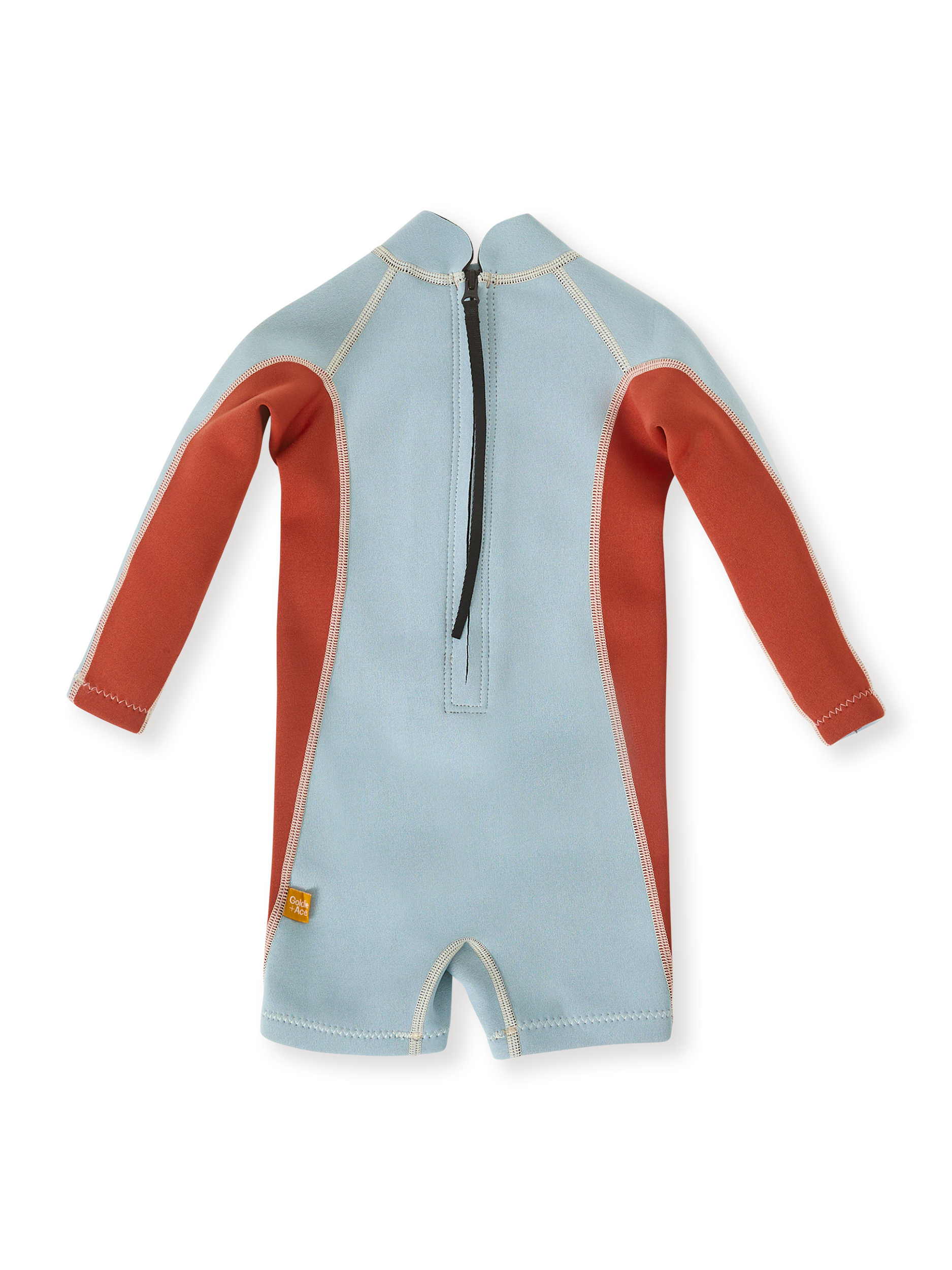 The Goldie + Ace Halo Wetsuit Long Sleeve in Sky Blue/Red pictured on a transparent background. The material is . It is a swimwear made for babies, toddlers and kids.