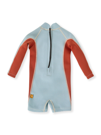 The Goldie + Ace Halo Wetsuit Long Sleeve in Sky Blue/Red pictured on a transparent background. The material is . It is a swimwear made for babies, toddlers and kids.