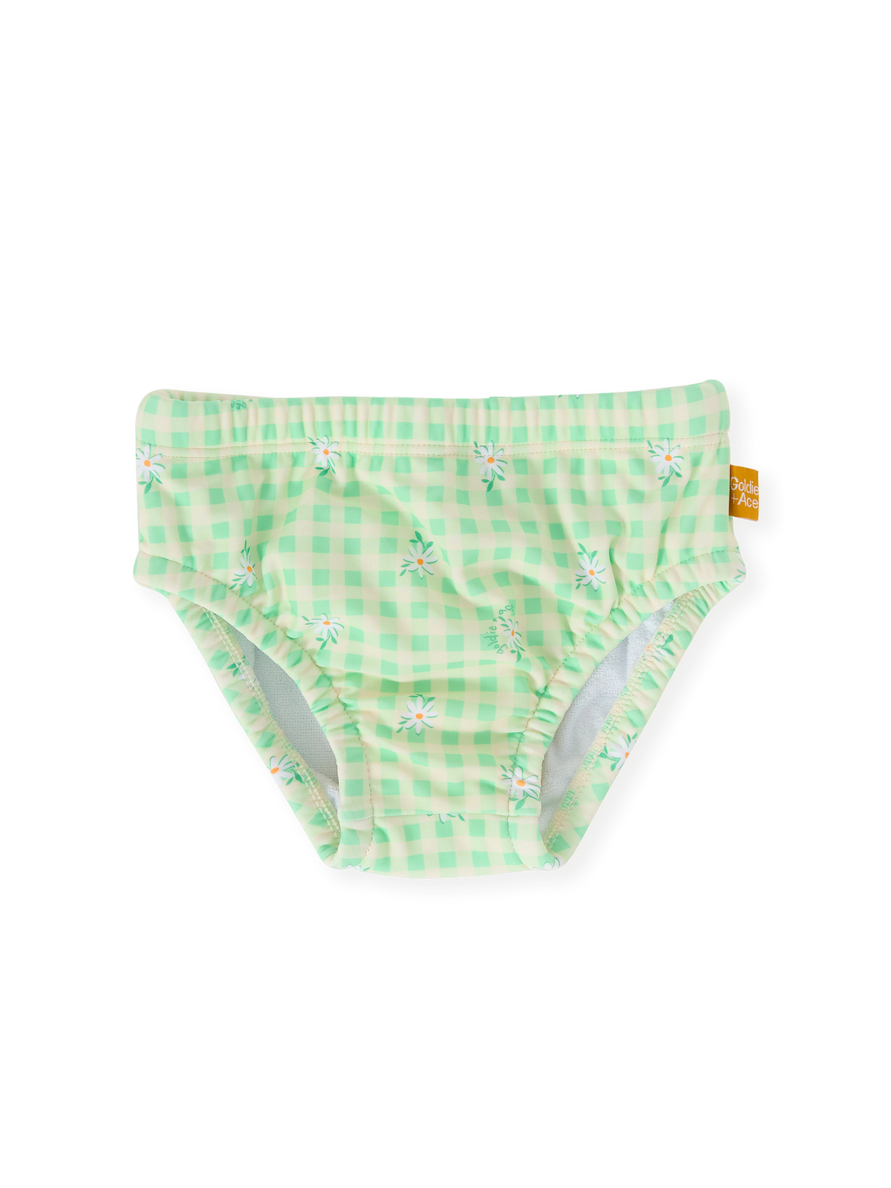 The Goldie + Ace Gingham Daisy Swim Nappy in Green pictured on a transparent background. The material is . It is a swimwear made for babies, toddlers and kids.